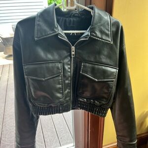 Zara Black Leather Bomber Jacket with Cropped Fit